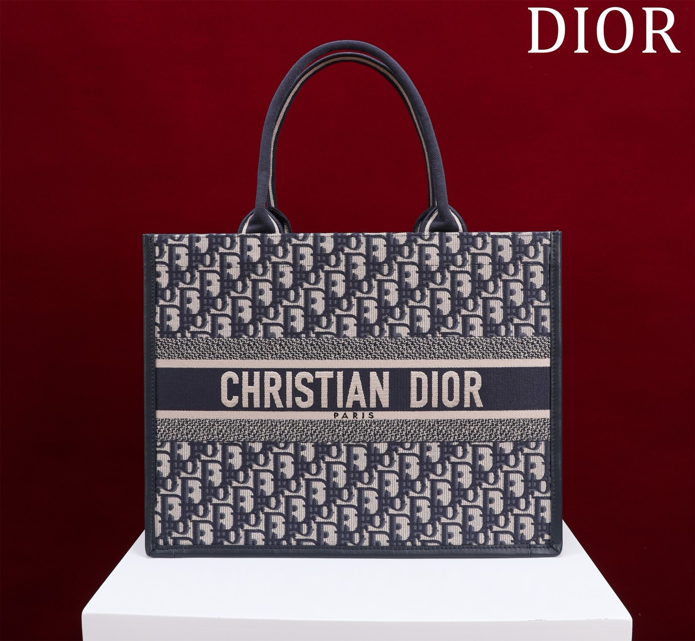 Bagsaaa D10r Medium D10r Book Tote Blue D10r Oblique Embroidery and Calfskin 