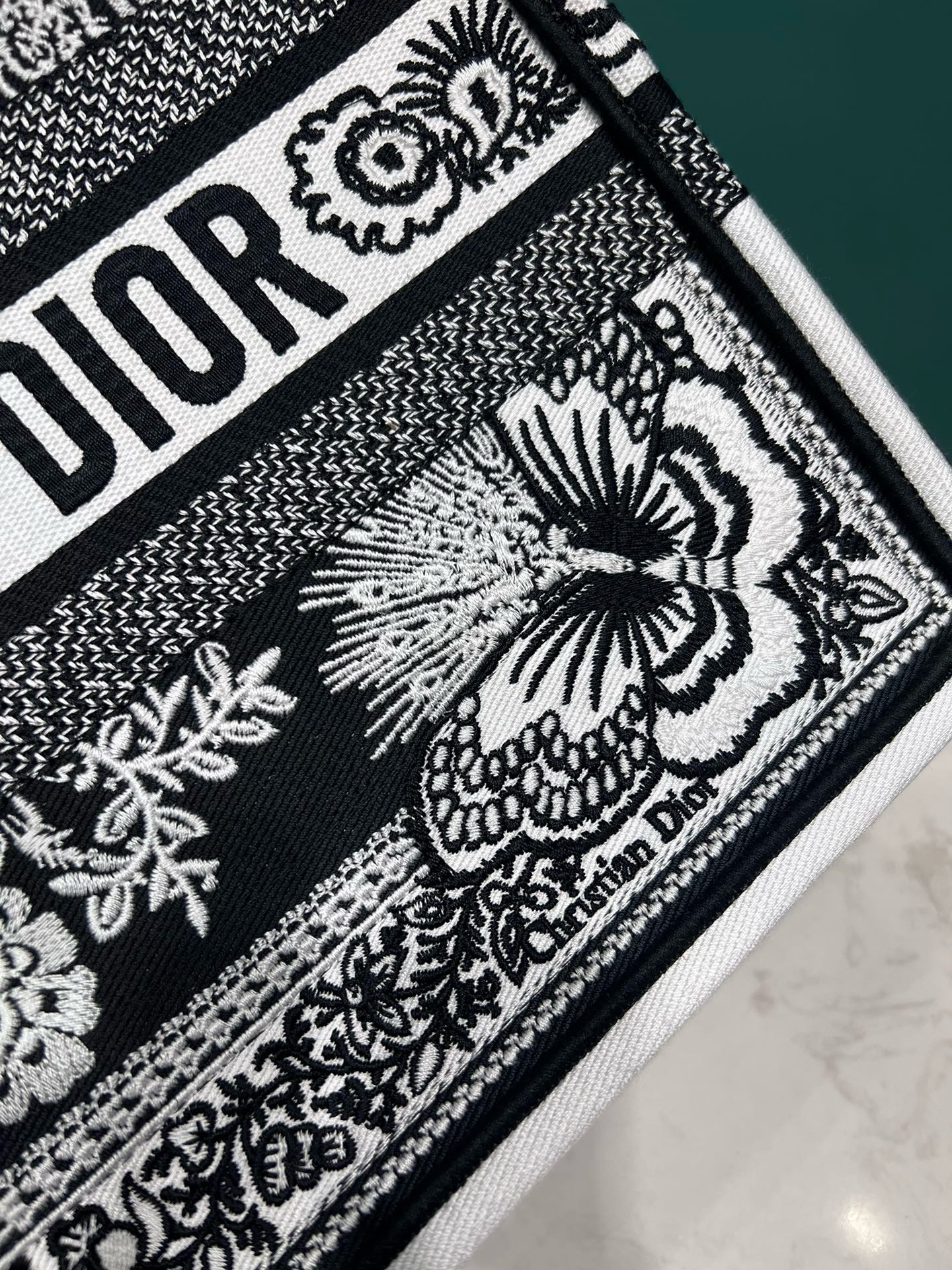Bagsaaa D10r Medium Book Tote Black and White Butterfly Bandana Embroidery (36 x 27.5 x 16.5 cm)