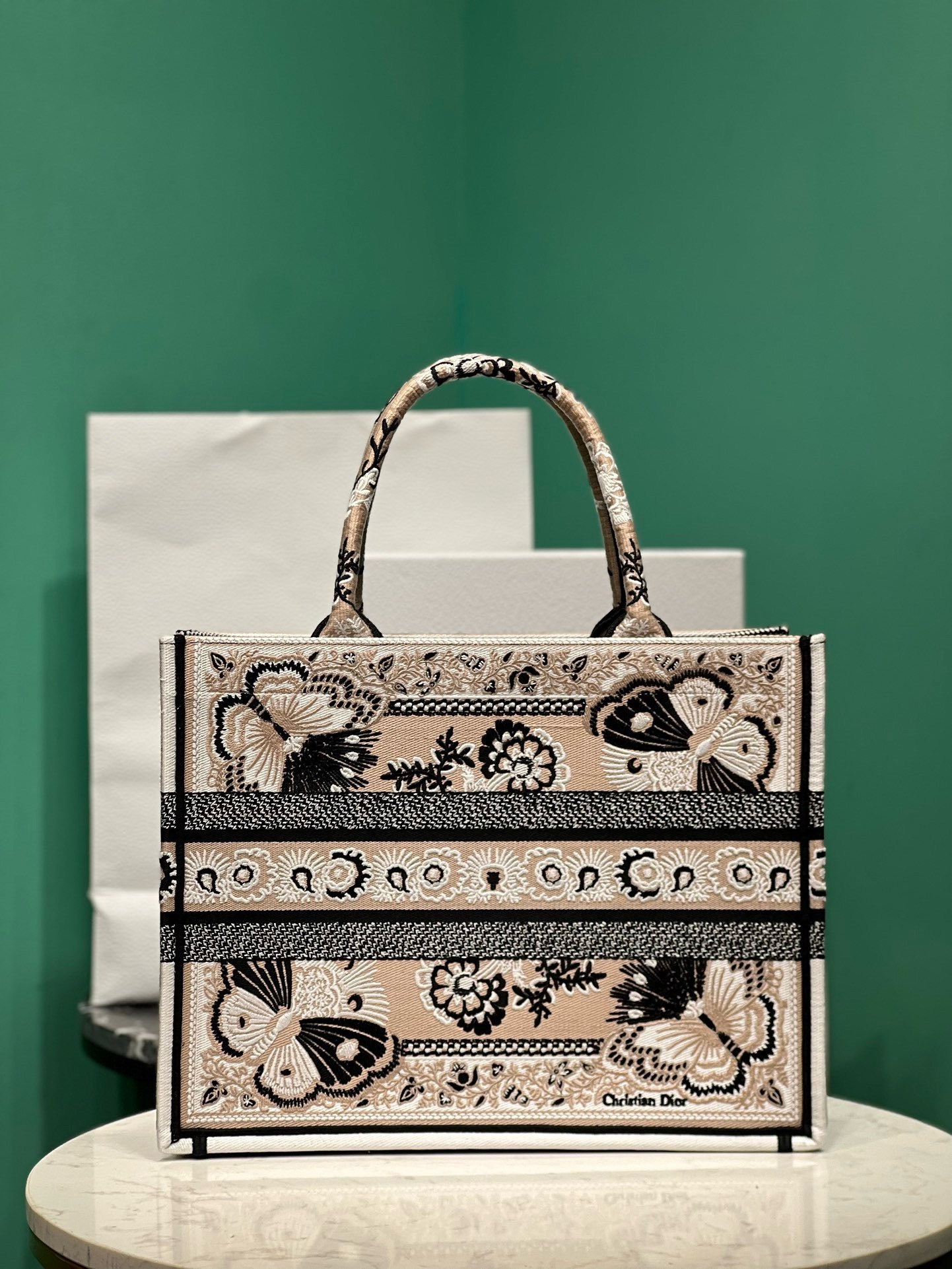 Bagsaaa D10r Medium Book Tote Beige and White Butterfly Bandana Embroidery (36 x 27.5 x 16.5 cm)
