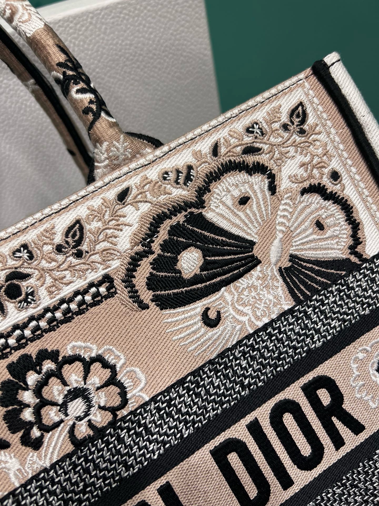 Bagsaaa D10r Medium Book Tote Beige and White Butterfly Bandana Embroidery (36 x 27.5 x 16.5 cm)