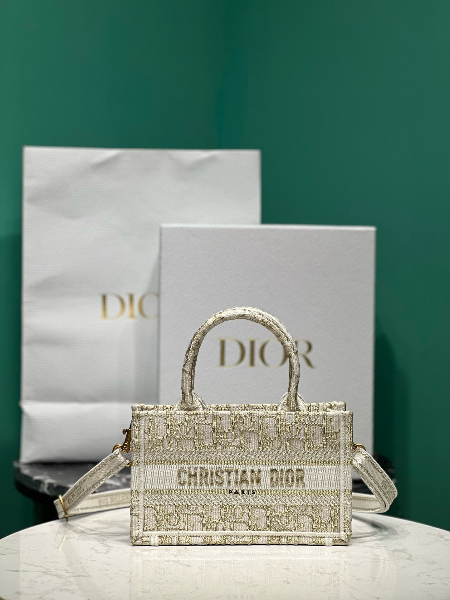 Bagsaaa D10r Mini Book Tote With Strap White and Gold-tone Oblique Canvas- 21.5x13x7.5cm