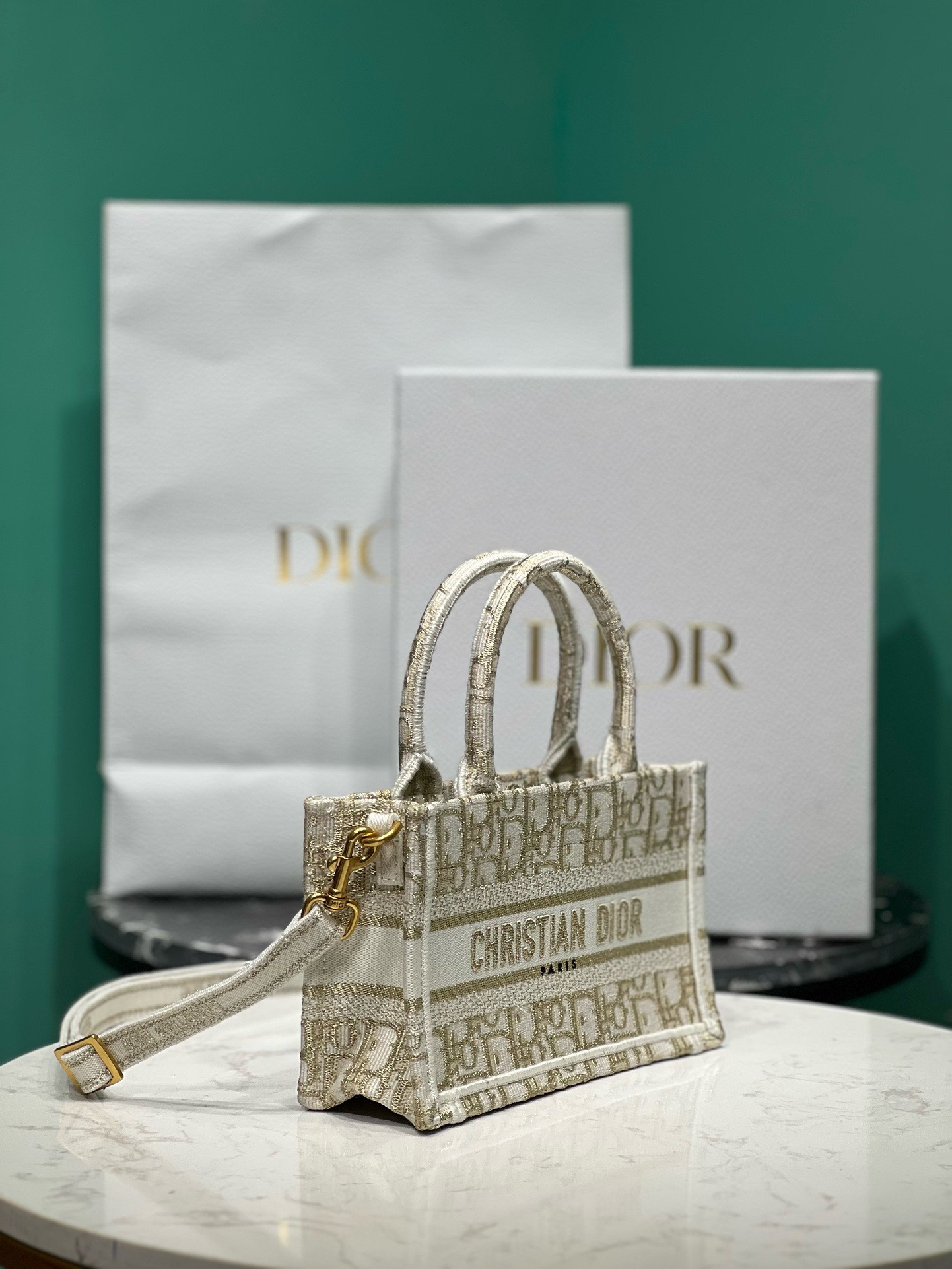 Bagsaaa D10r Mini Book Tote With Strap White and Gold-tone Oblique Canvas- 21.5x13x7.5cm