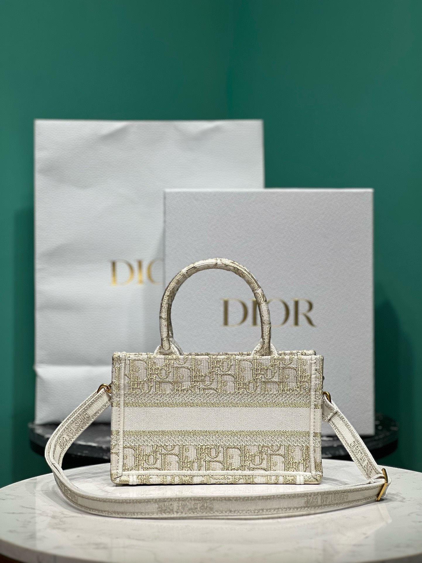 Bagsaaa D10r Mini Book Tote With Strap White and Gold-tone Oblique Canvas- 21.5x13x7.5cm