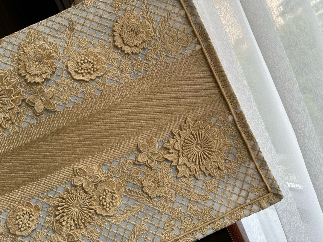 Bagsaaa D10r Book Tote Large Beige D-Lace Flower Embroidery with 3D Macramé Effect
