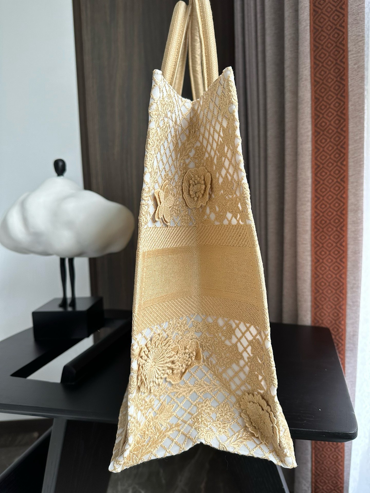 Bagsaaa D10r Book Tote Large Beige D-Lace Flower Embroidery with 3D Macramé Effect