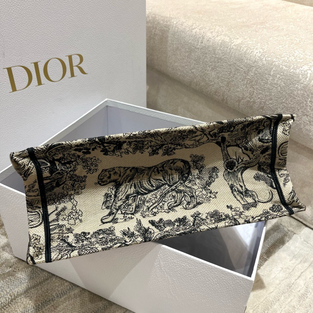 Bagsaaa D10r Medium Book Tote Ecru andBrown Toile de Jouy Embroidery