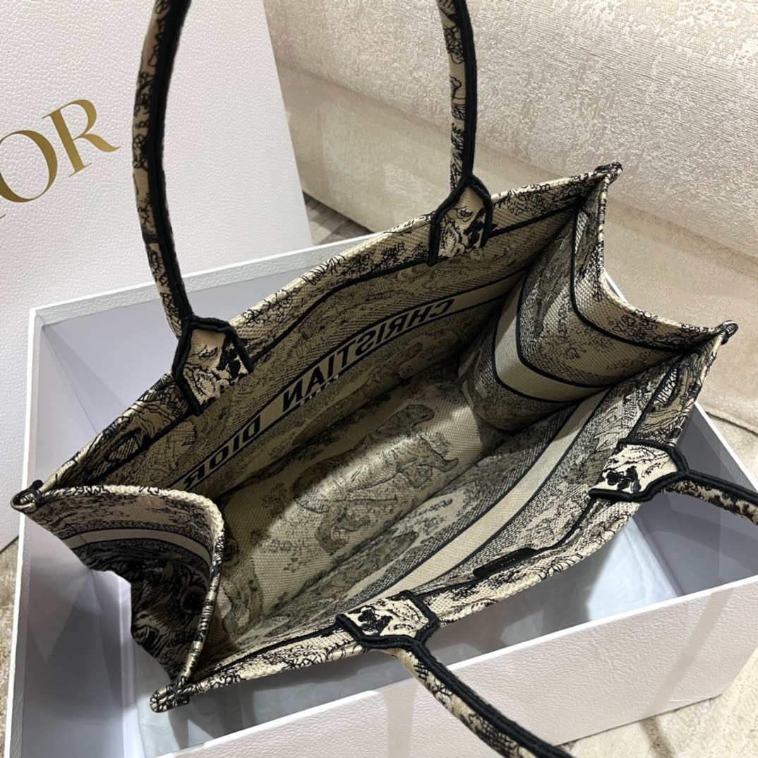 Bagsaaa D10r Medium Book Tote Ecru andBrown Toile de Jouy Embroidery