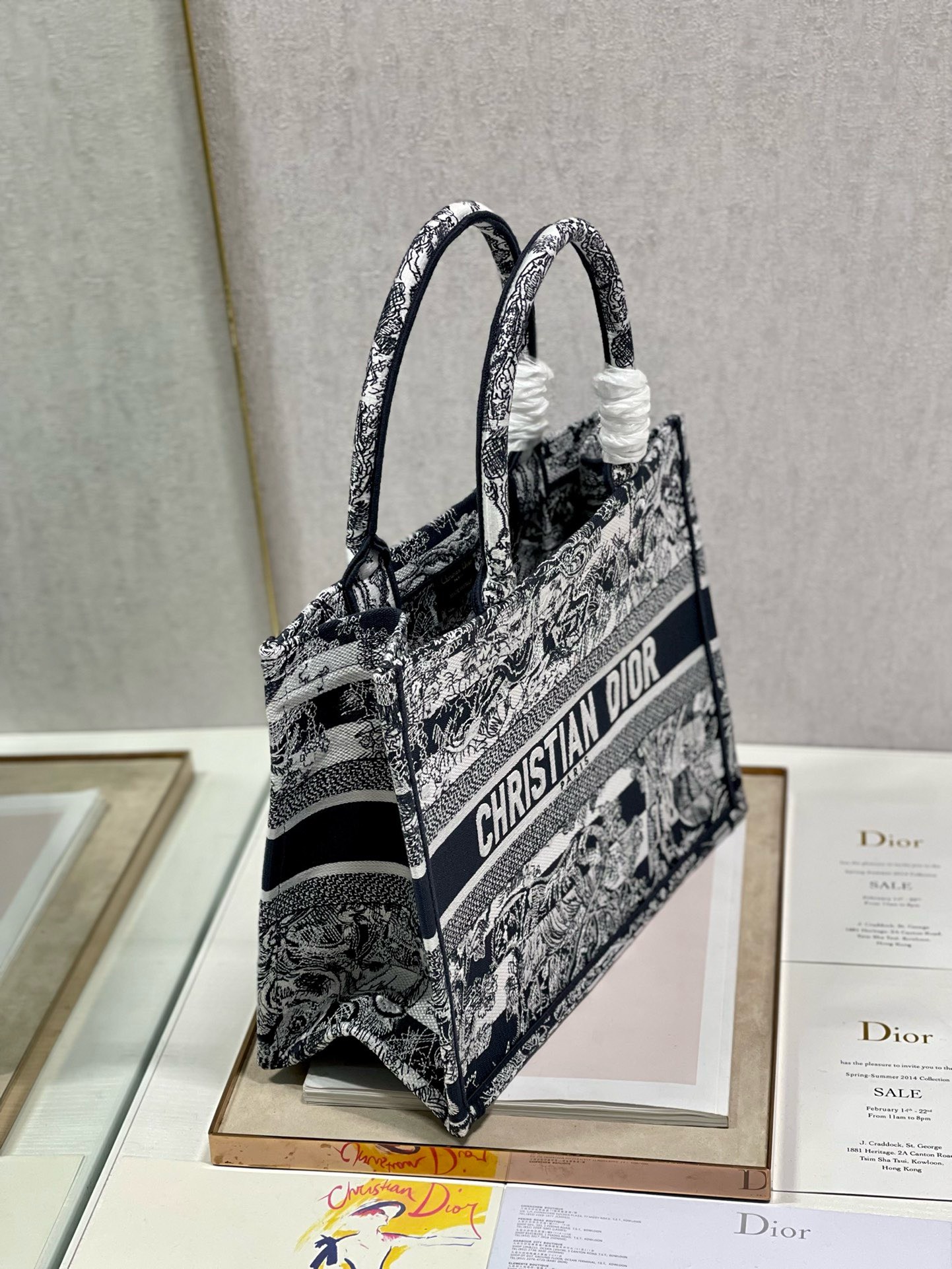 Bagsaaa D10r Medium Book Tote D - Striped Ecru and Dark Blue Toile de Jouy Embroidery