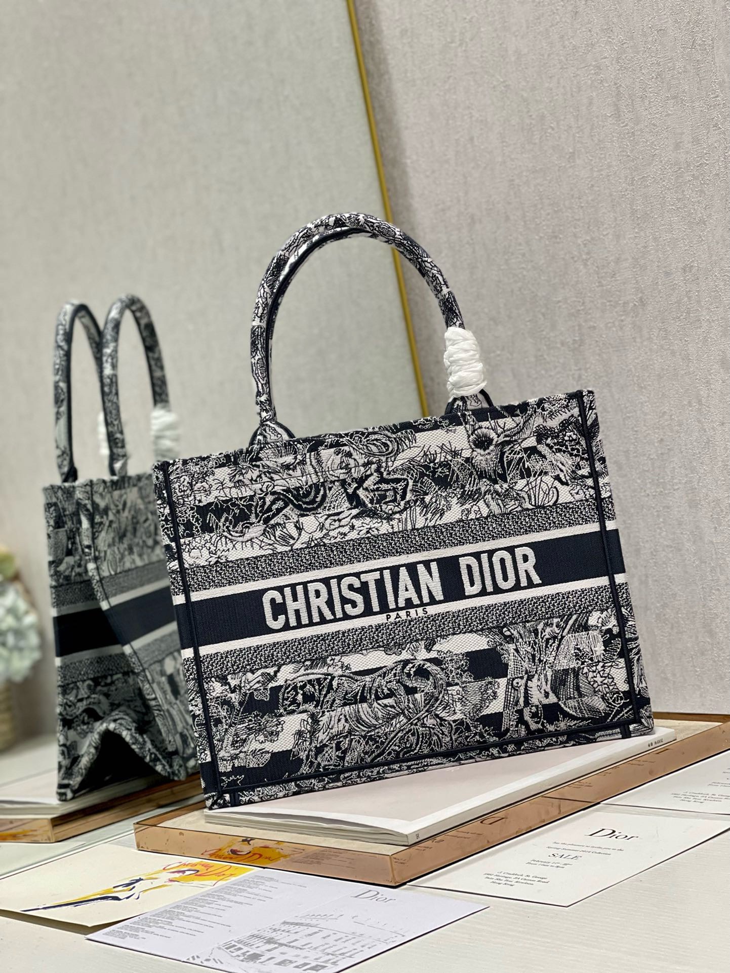 Bagsaaa D10r Medium Book Tote D - Striped Ecru and Dark Blue Toile de Jouy Embroidery
