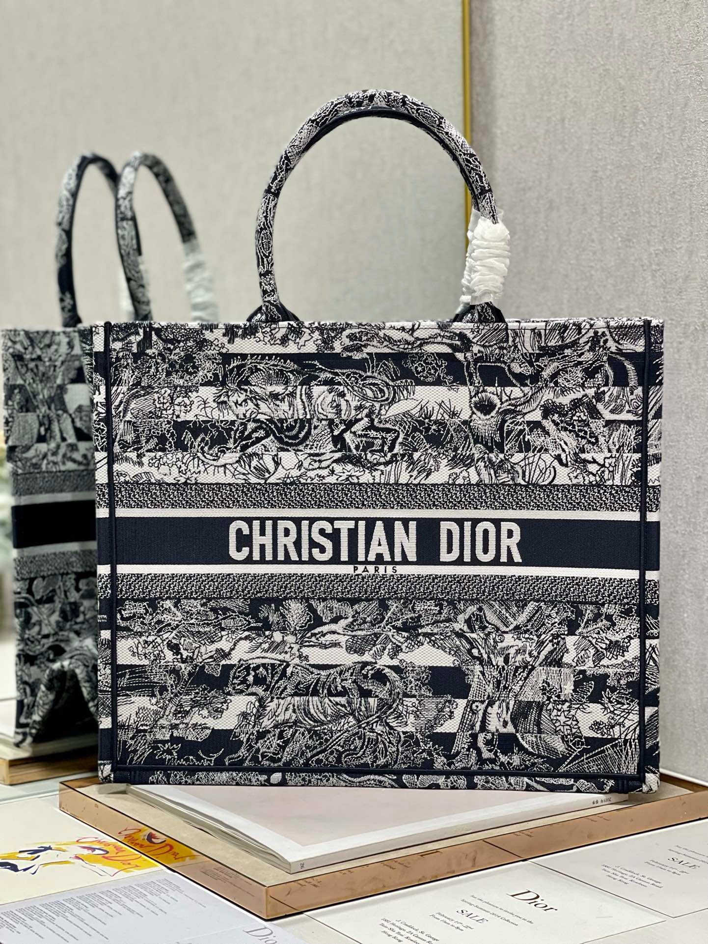Bagsaaa D10r Large Book Tote D - Striped Ecru and Dark Blue Toile de Jouy Embroidery