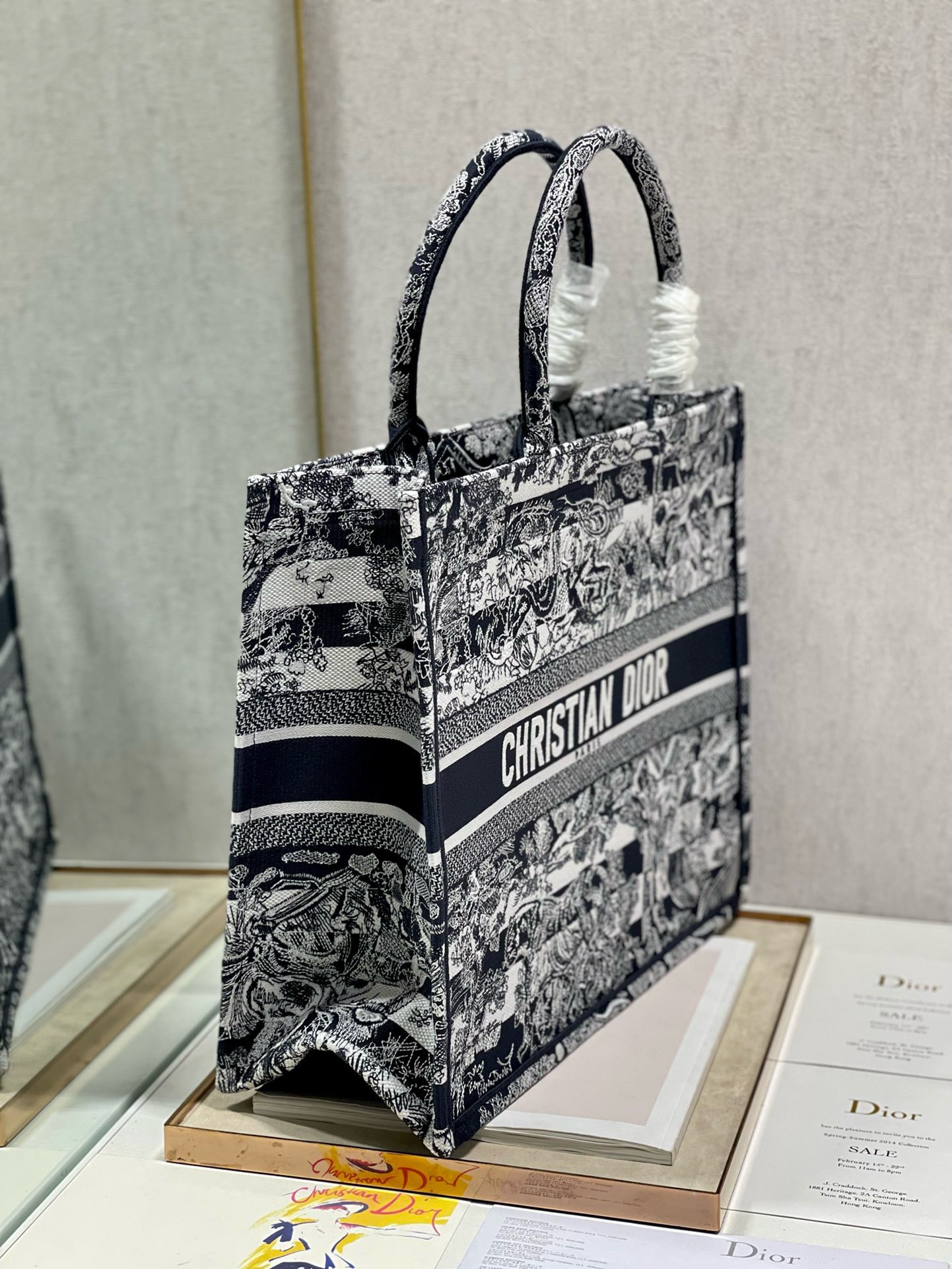 Bagsaaa D10r Large Book Tote D - Striped Ecru and Dark Blue Toile de Jouy Embroidery