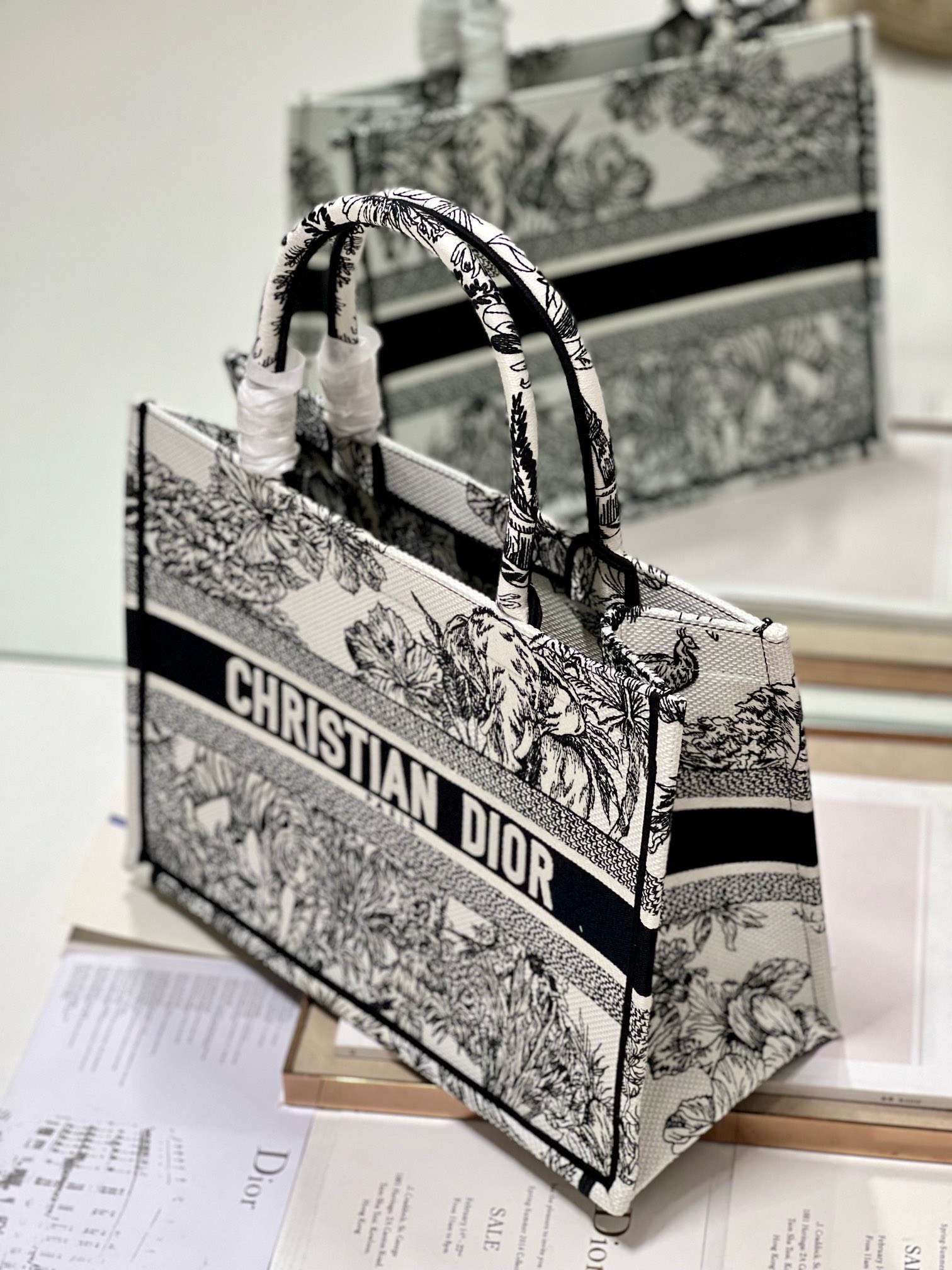 Bagsaaa D10r Medium Book Tote Ecru and Black Toile de Jouy Embroidery