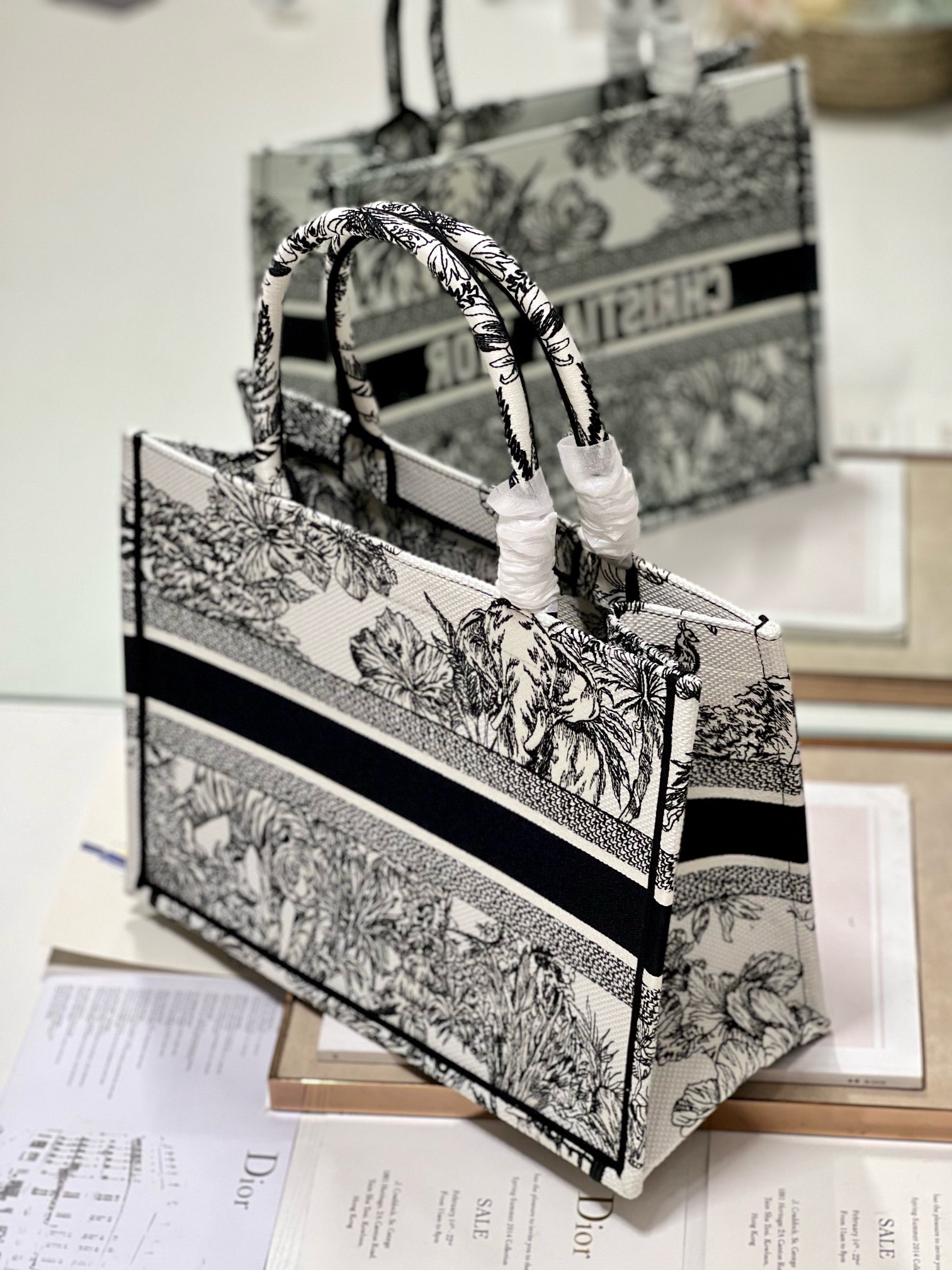 Bagsaaa D10r Medium Book Tote Ecru and Black Toile de Jouy Embroidery