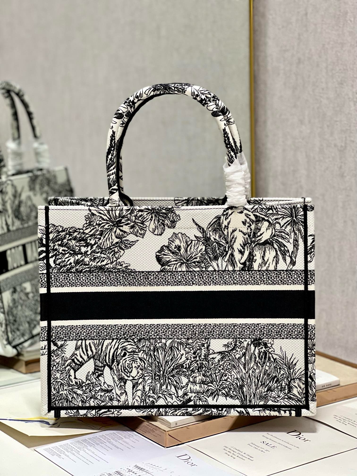 Bagsaaa D10r Medium Book Tote Ecru and Black Toile de Jouy Embroidery