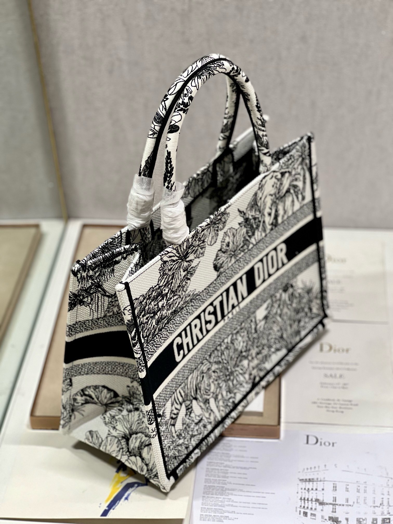 Bagsaaa D10r Medium Book Tote Ecru and Black Toile de Jouy Embroidery