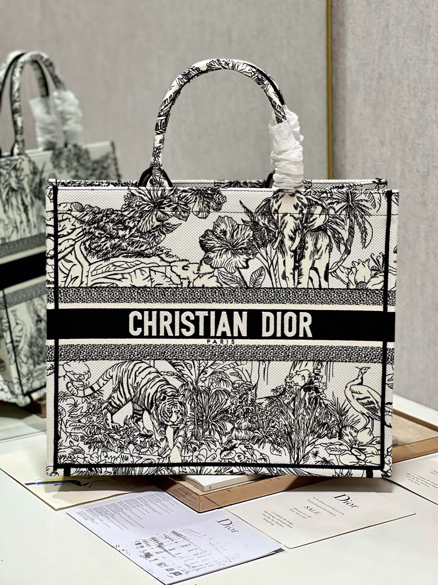 Bagsaaa D10r Large Book Tote Ecru and Black Toile de Jouy Embroidery