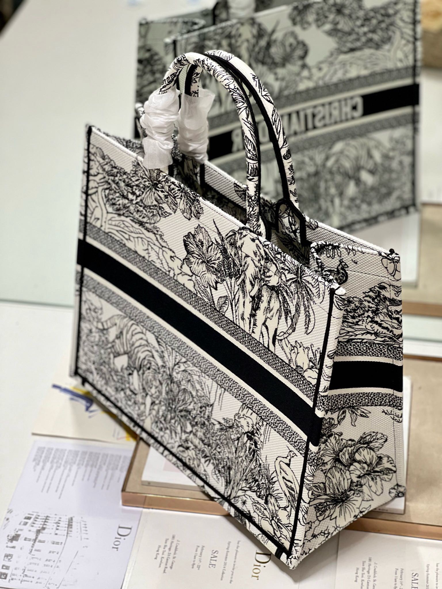 Bagsaaa D10r Large Book Tote Ecru and Black Toile de Jouy Embroidery