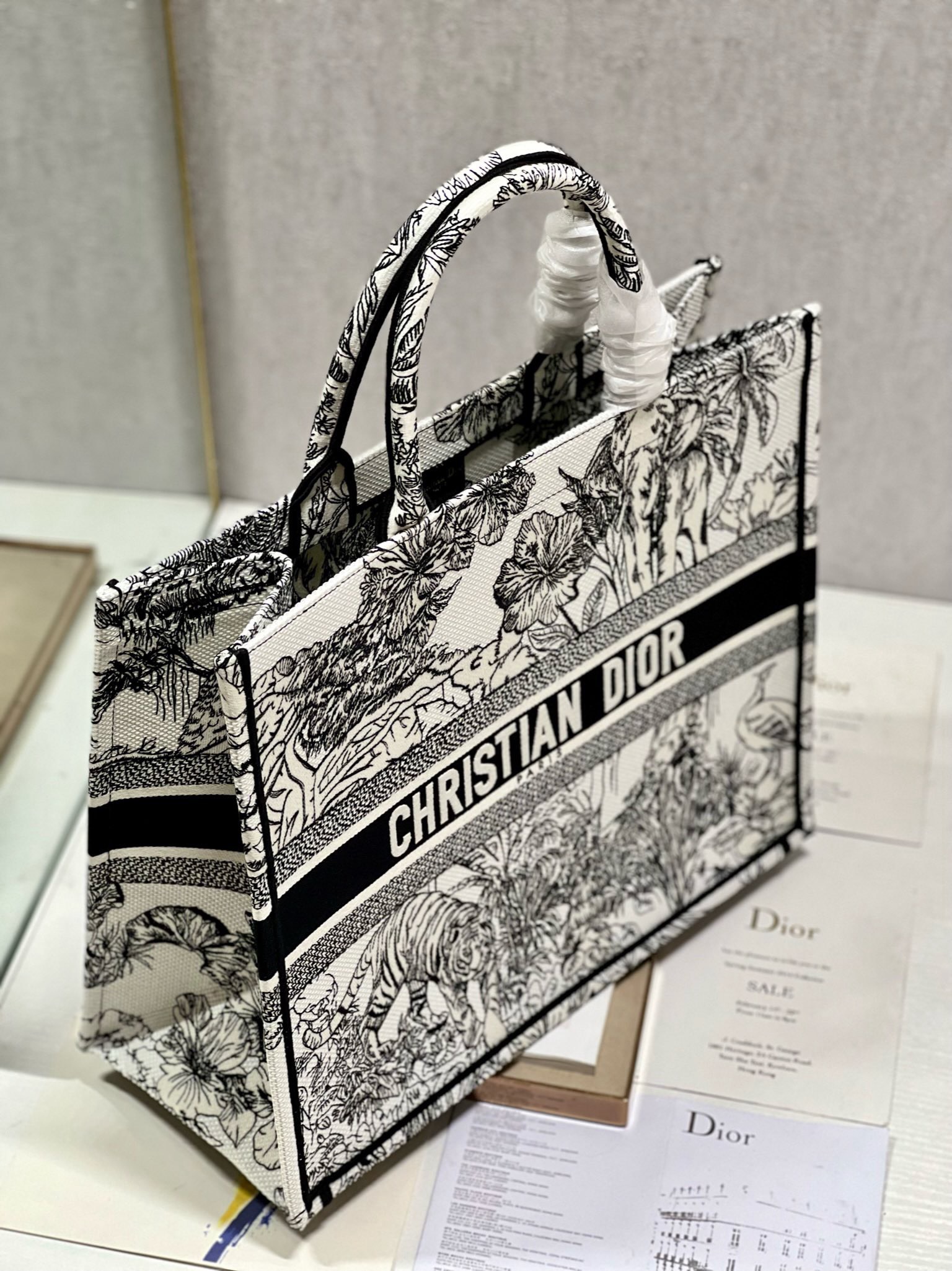 Bagsaaa D10r Large Book Tote Ecru and Black Toile de Jouy Embroidery