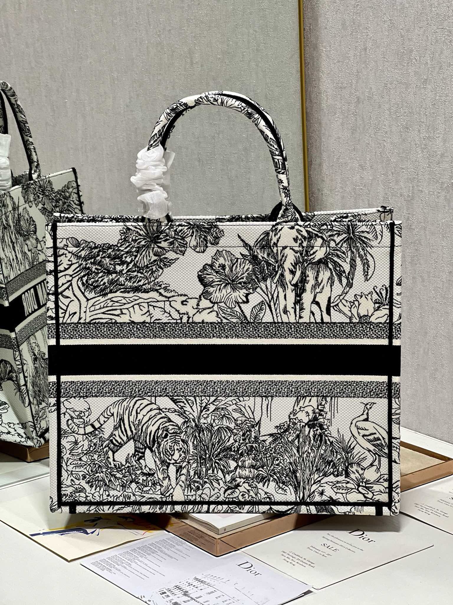 Bagsaaa D10r Large Book Tote Ecru and Black Toile de Jouy Embroidery
