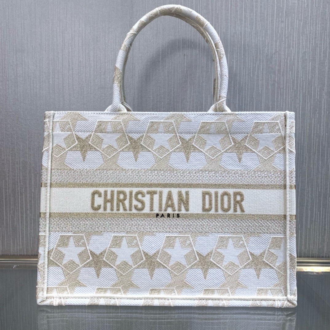 Bagsaaa D10r Medium Book Tote White & Gold -Toned Embroidery