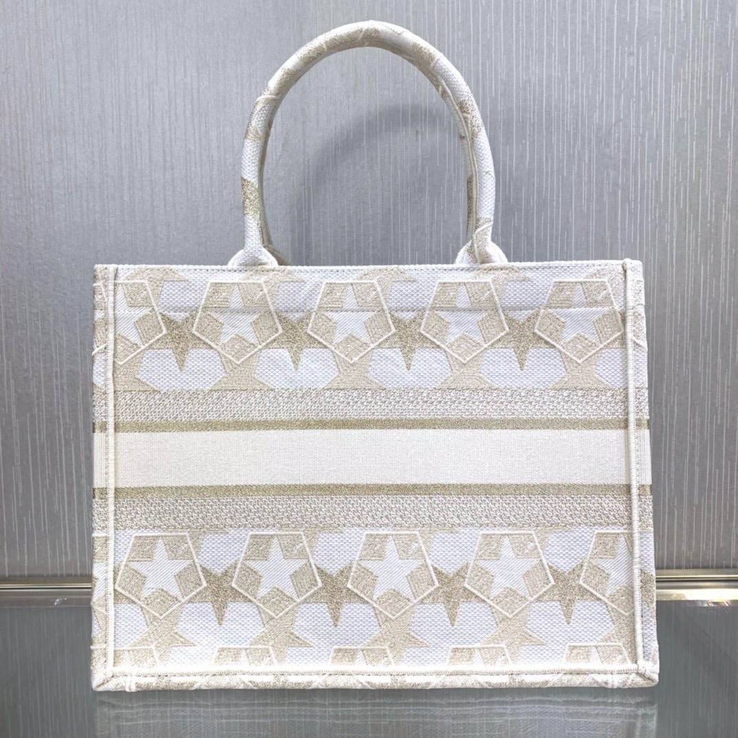 Bagsaaa D10r Medium Book Tote White & Gold -Toned Embroidery