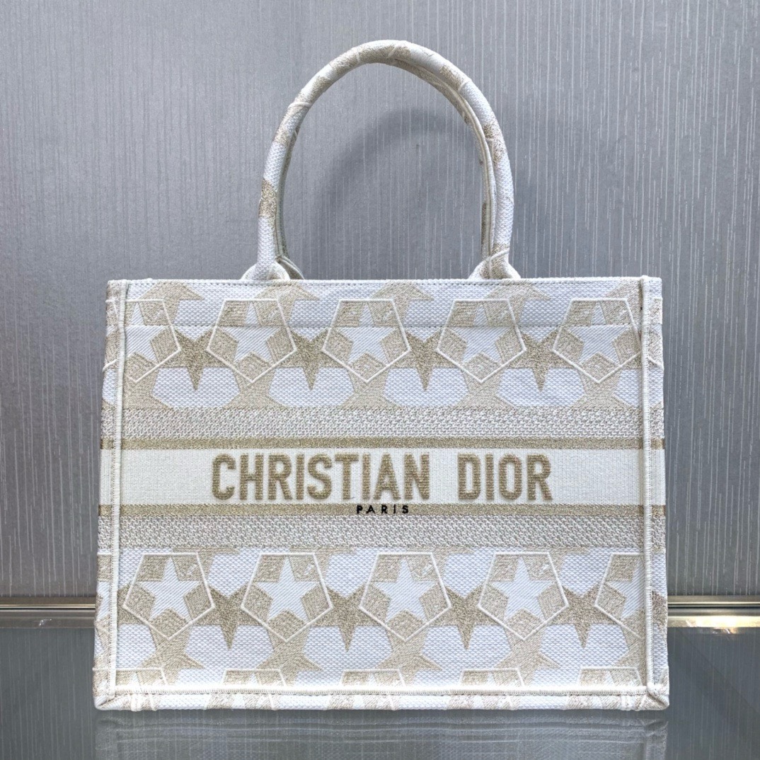 Bagsaaa D10r Medium Book Tote White & Gold -Toned Embroidery