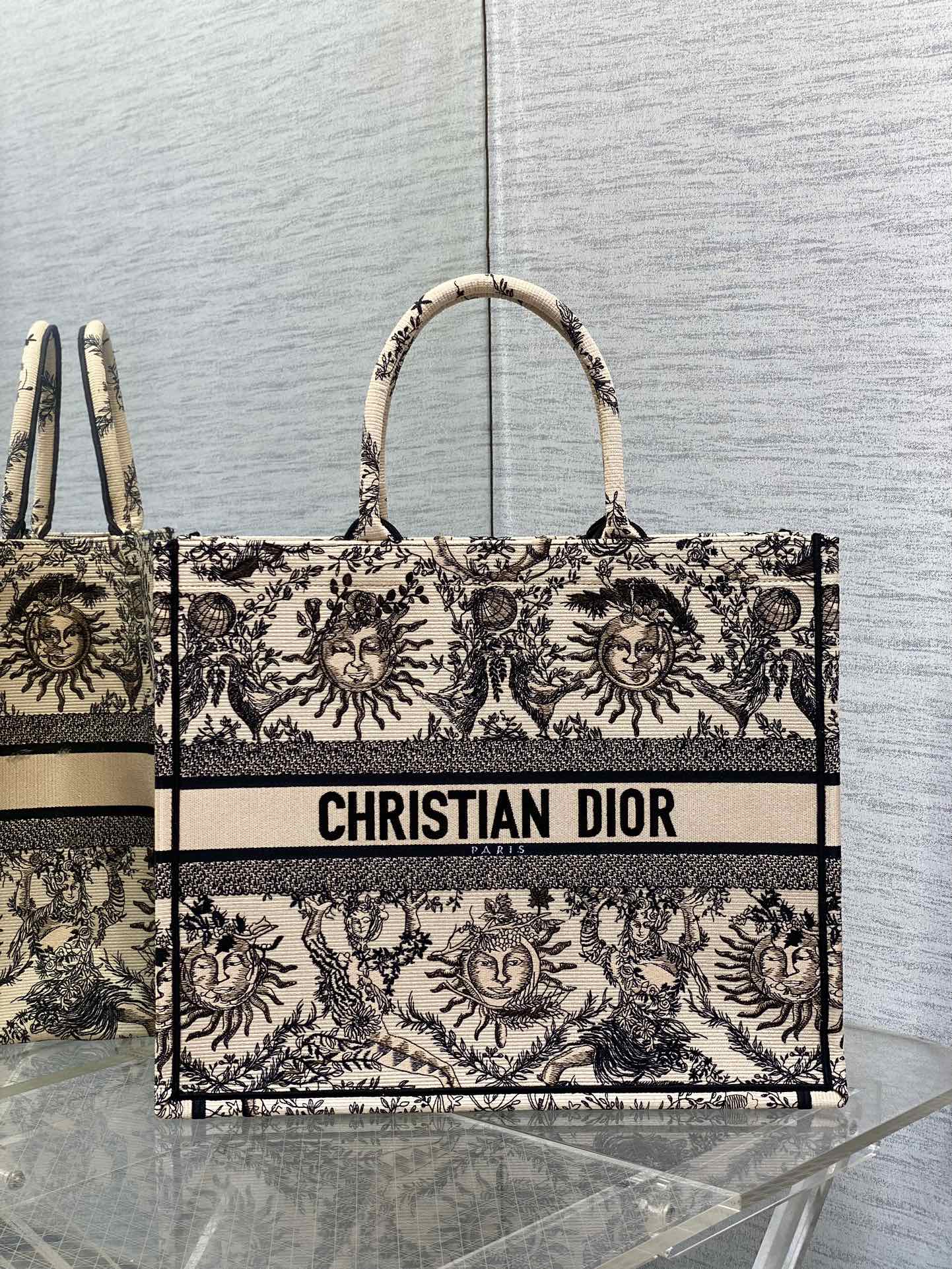 Bagsaaa D10r Large Book Tote Beige and Black Toile de Jouy Soleil Embroidery