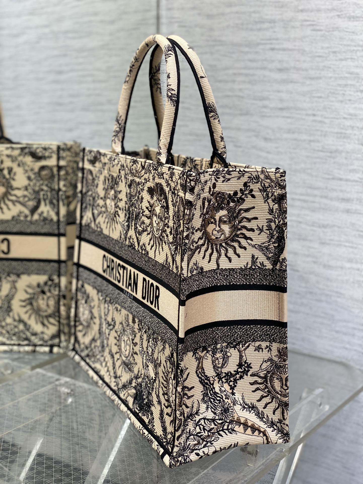 Bagsaaa D10r Large Book Tote Beige and Black Toile de Jouy Soleil Embroidery