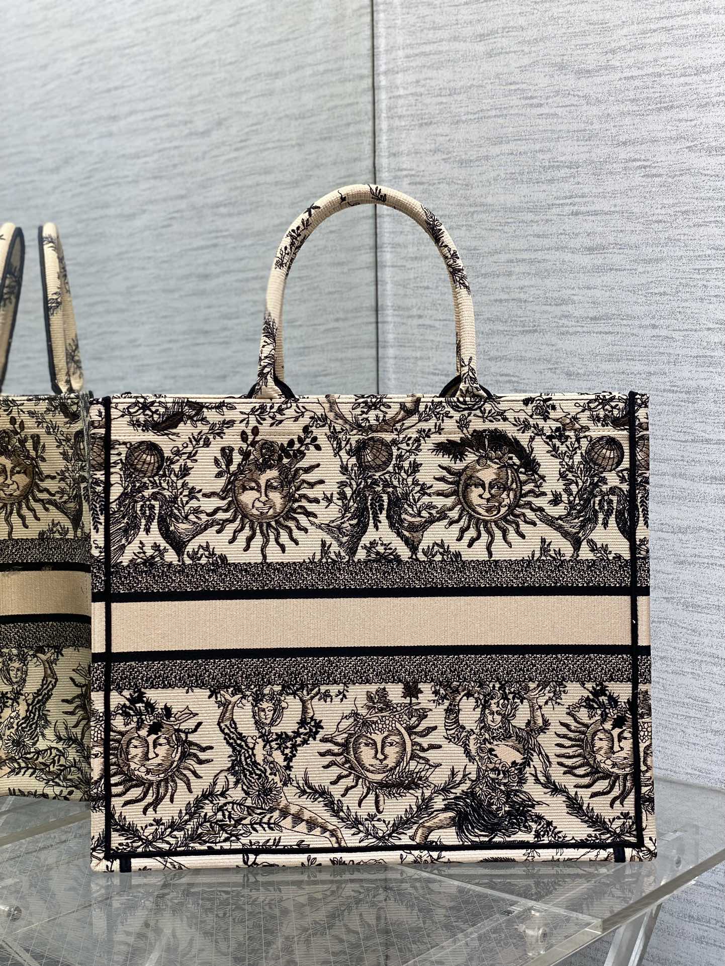 Bagsaaa D10r Large Book Tote Beige and Black Toile de Jouy Soleil Embroidery