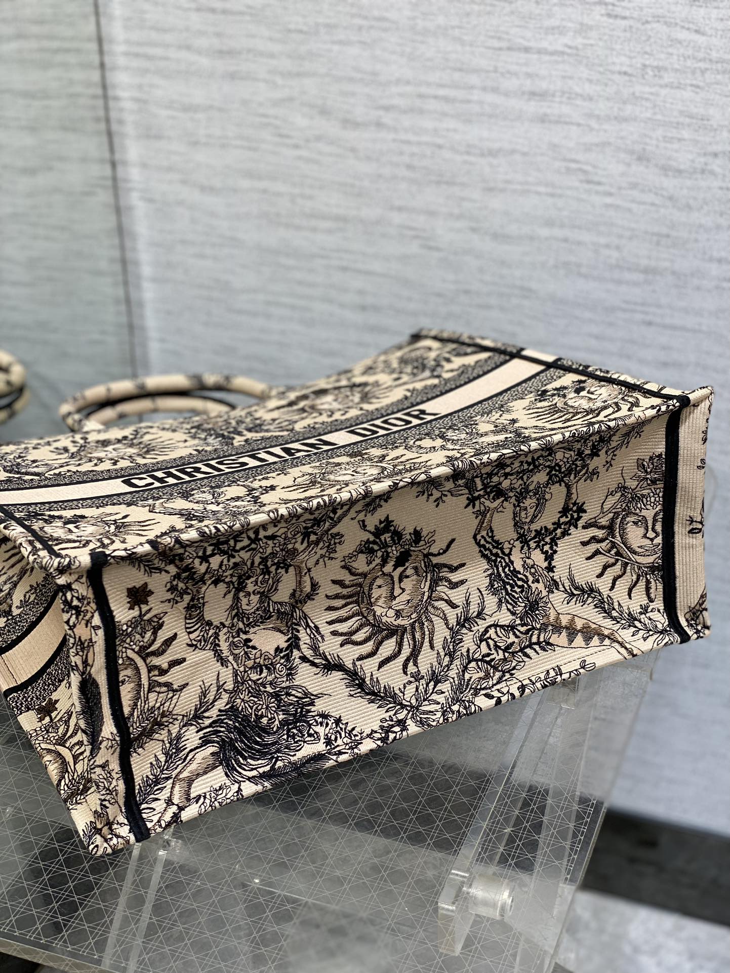 Bagsaaa D10r Large Book Tote Beige and Black Toile de Jouy Soleil Embroidery