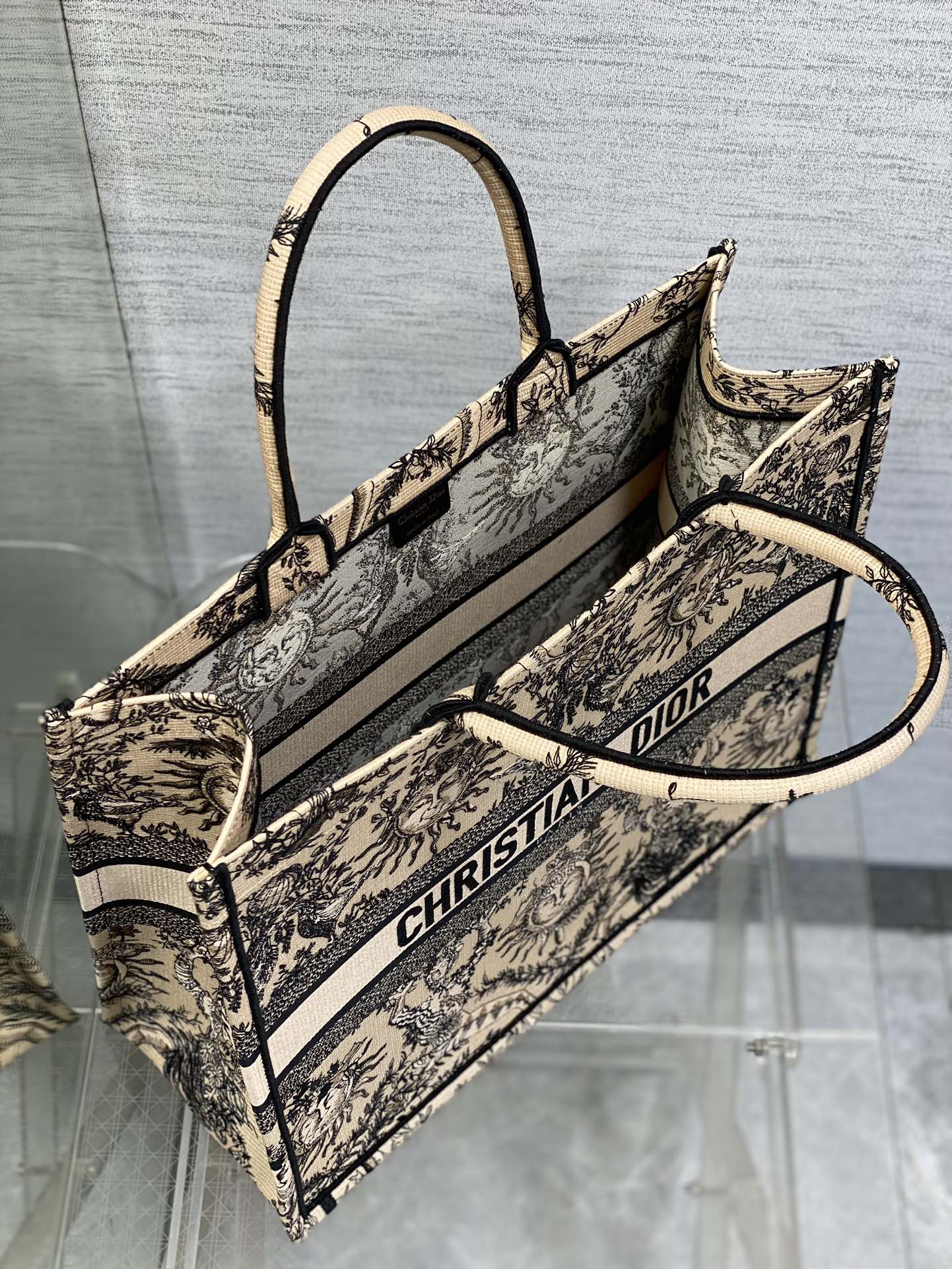 Bagsaaa D10r Large Book Tote Beige and Black Toile de Jouy Soleil Embroidery