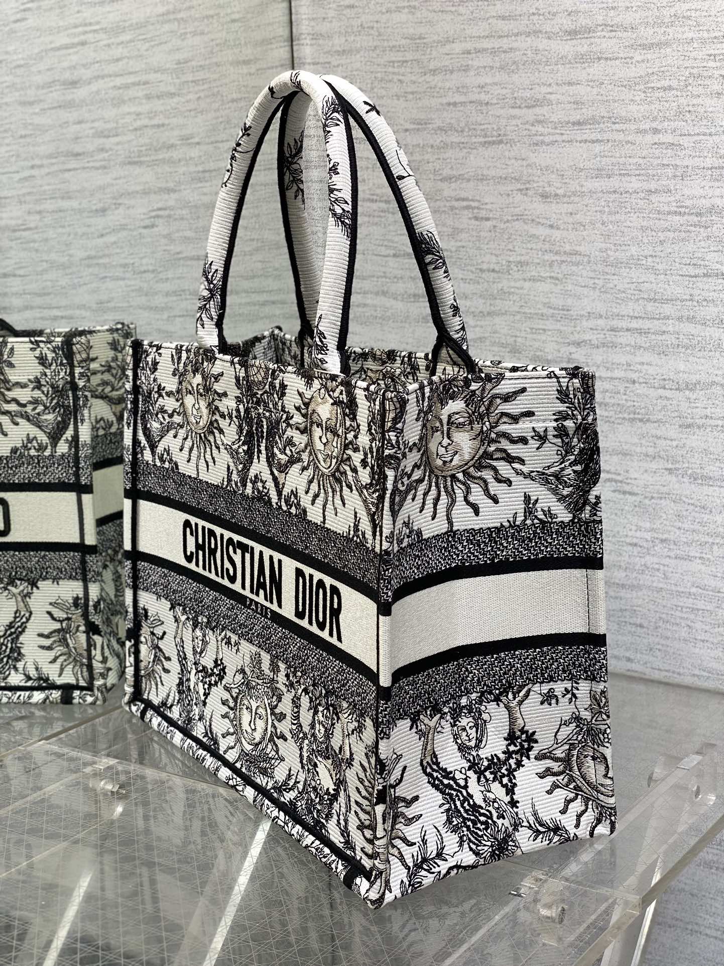 Bagsaaa D10r Medium Book Tote White and Black Toile de Jouy Soleil Embroidery