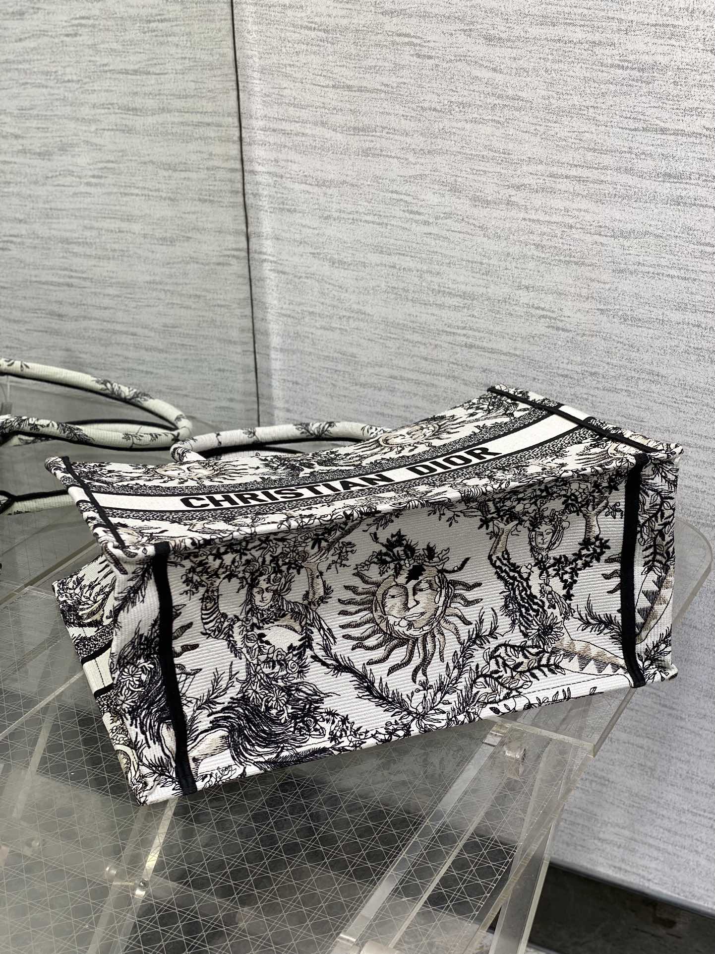 Bagsaaa D10r Medium Book Tote White and Black Toile de Jouy Soleil Embroidery