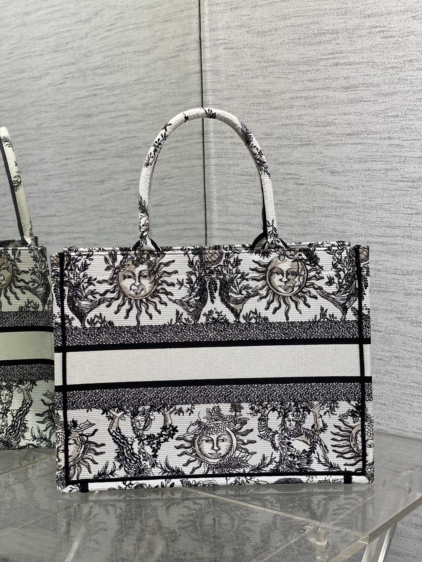 Bagsaaa D10r Medium Book Tote White and Black Toile de Jouy Soleil Embroidery
