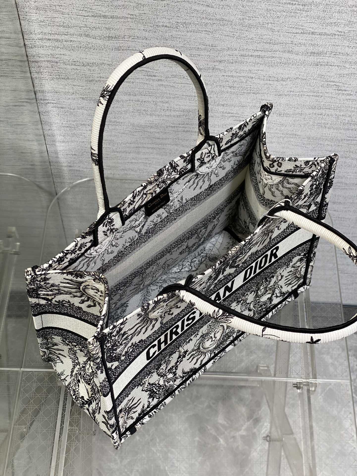 Bagsaaa D10r Medium Book Tote White and Black Toile de Jouy Soleil Embroidery