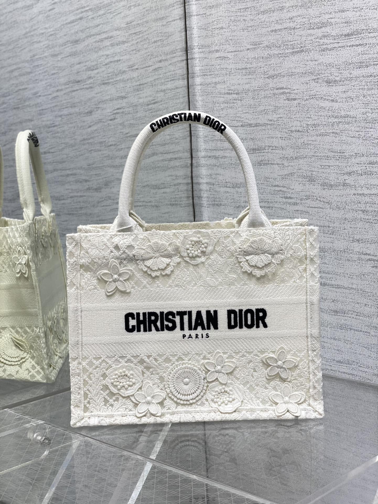 Bagsaaa D10r Book Tote Small White D-Lace Flower Embroidery with 3D Macramé Effect