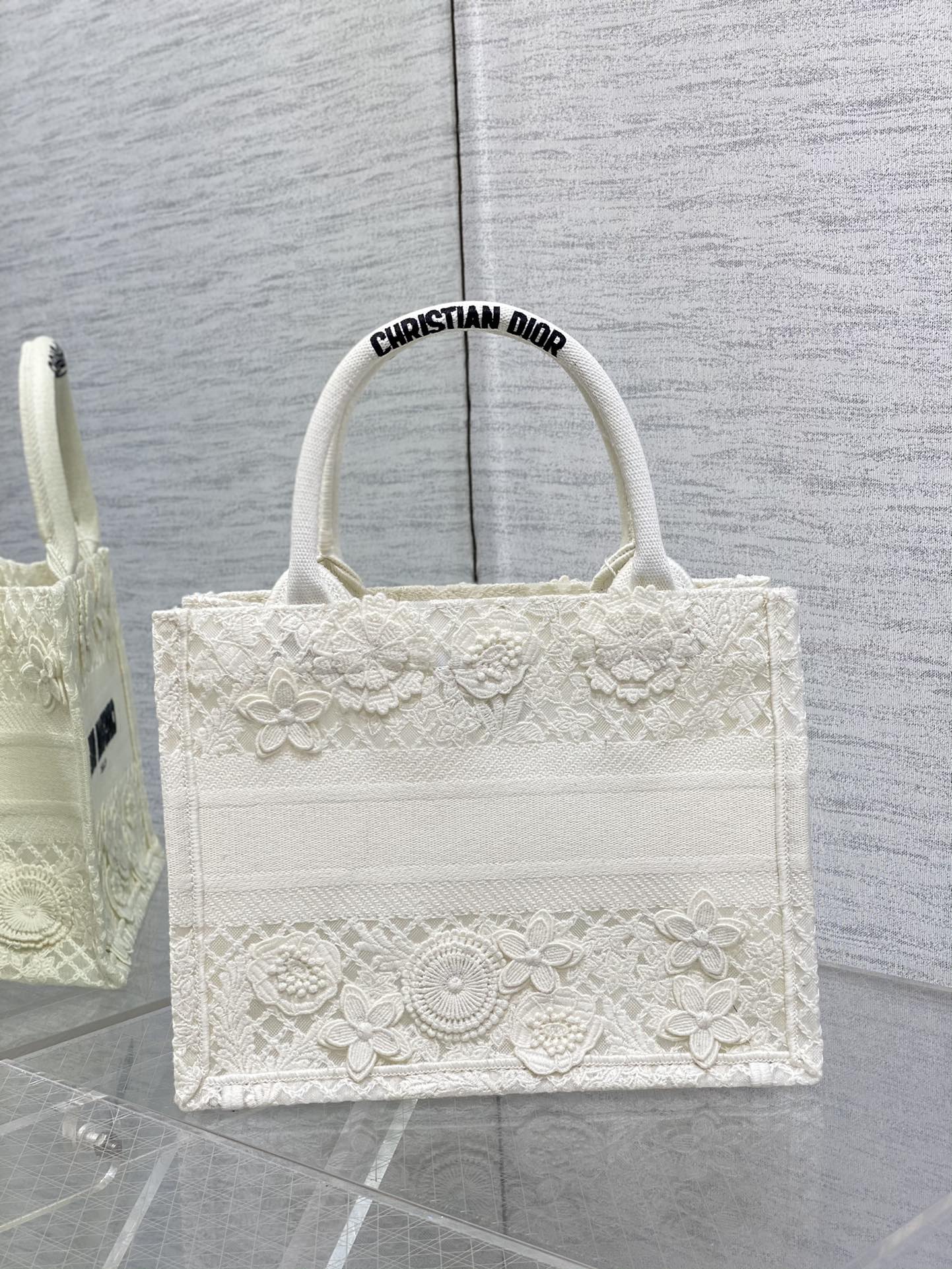 Bagsaaa D10r Book Tote Small White D-Lace Flower Embroidery with 3D Macramé Effect