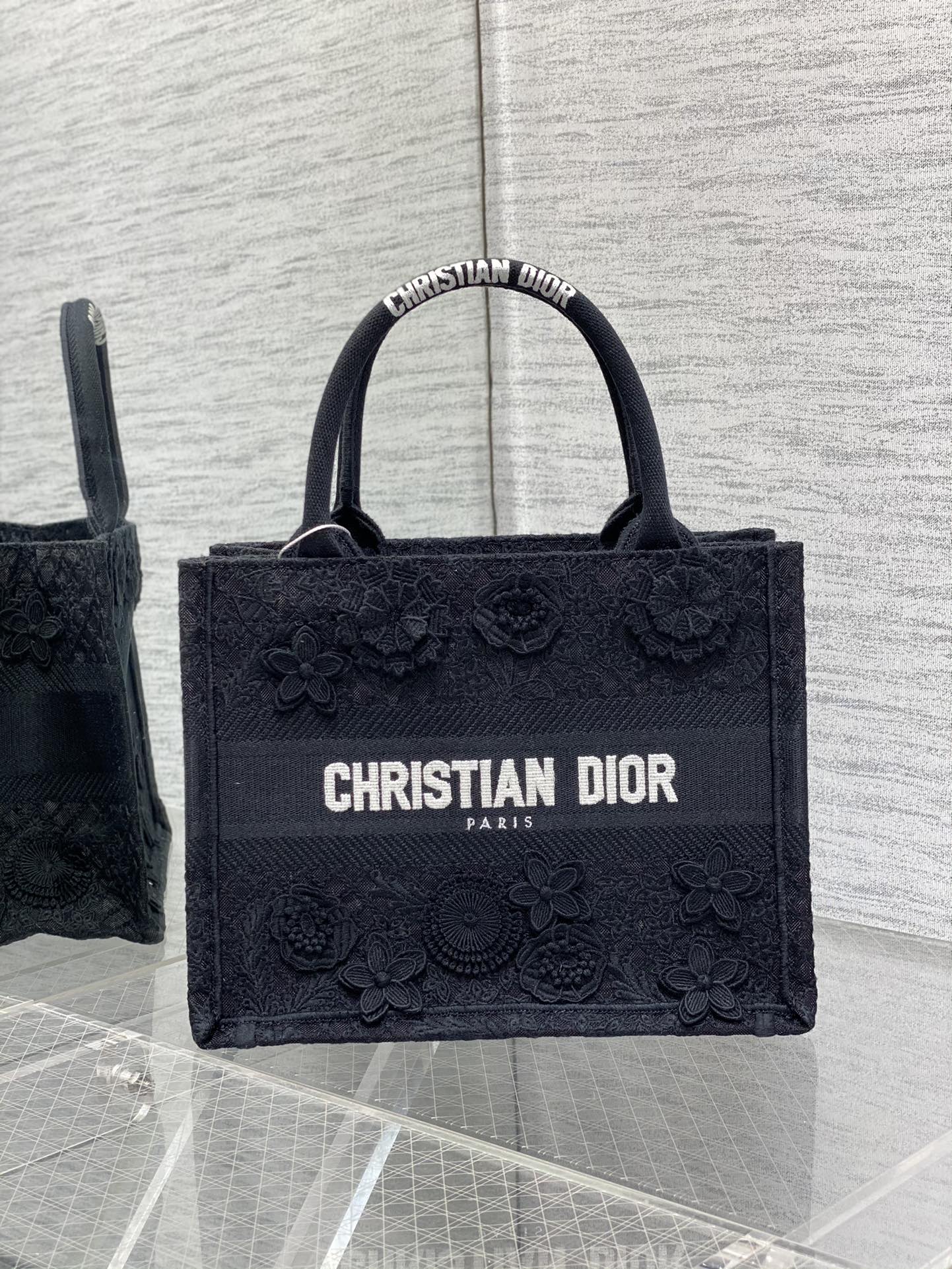 Bagsaaa D10r Book Tote Small Black D-Lace Flower Embroidery with 3D Macramé Effect