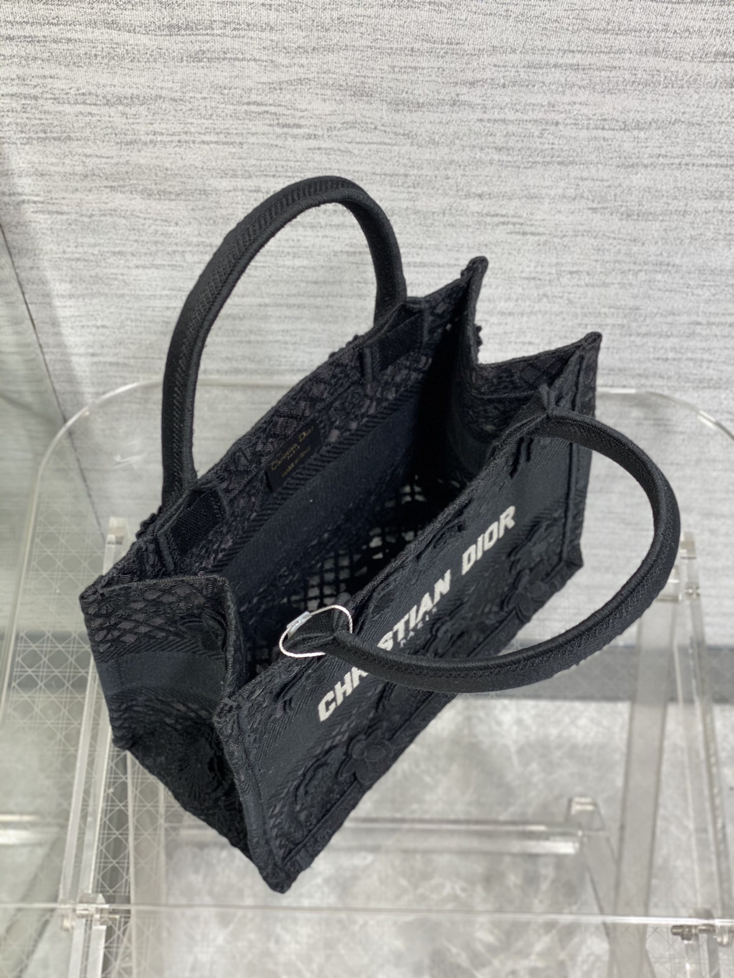 Bagsaaa D10r Book Tote Small Black D-Lace Flower Embroidery with 3D Macramé Effect