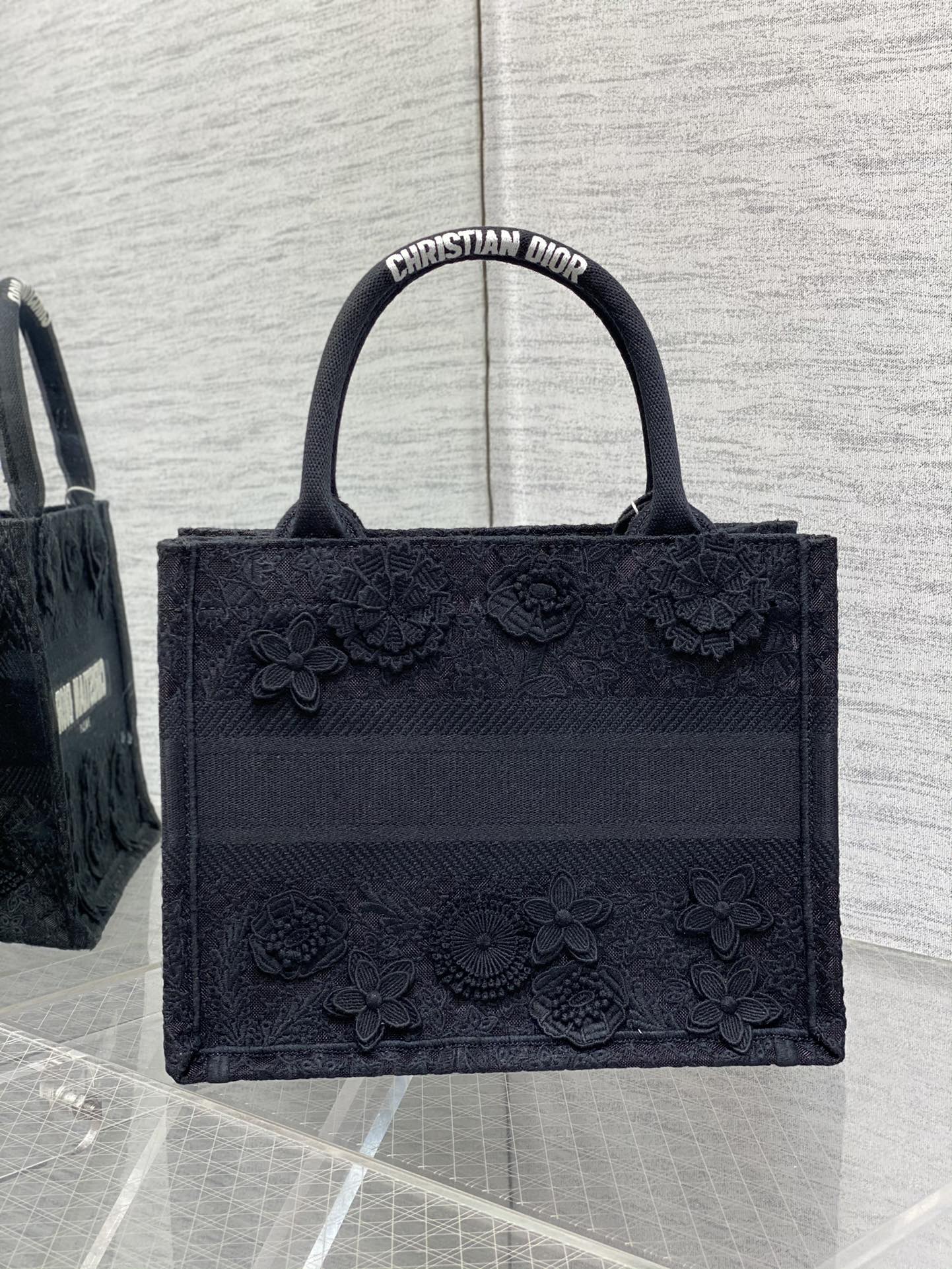 Bagsaaa D10r Book Tote Small Black D-Lace Flower Embroidery with 3D Macramé Effect