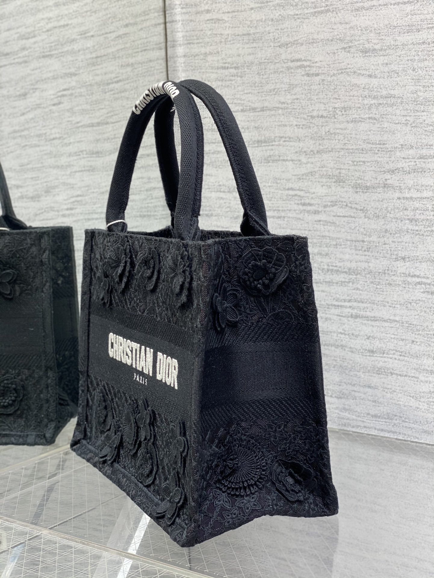 Bagsaaa D10r Book Tote Small Black D-Lace Flower Embroidery with 3D Macramé Effect