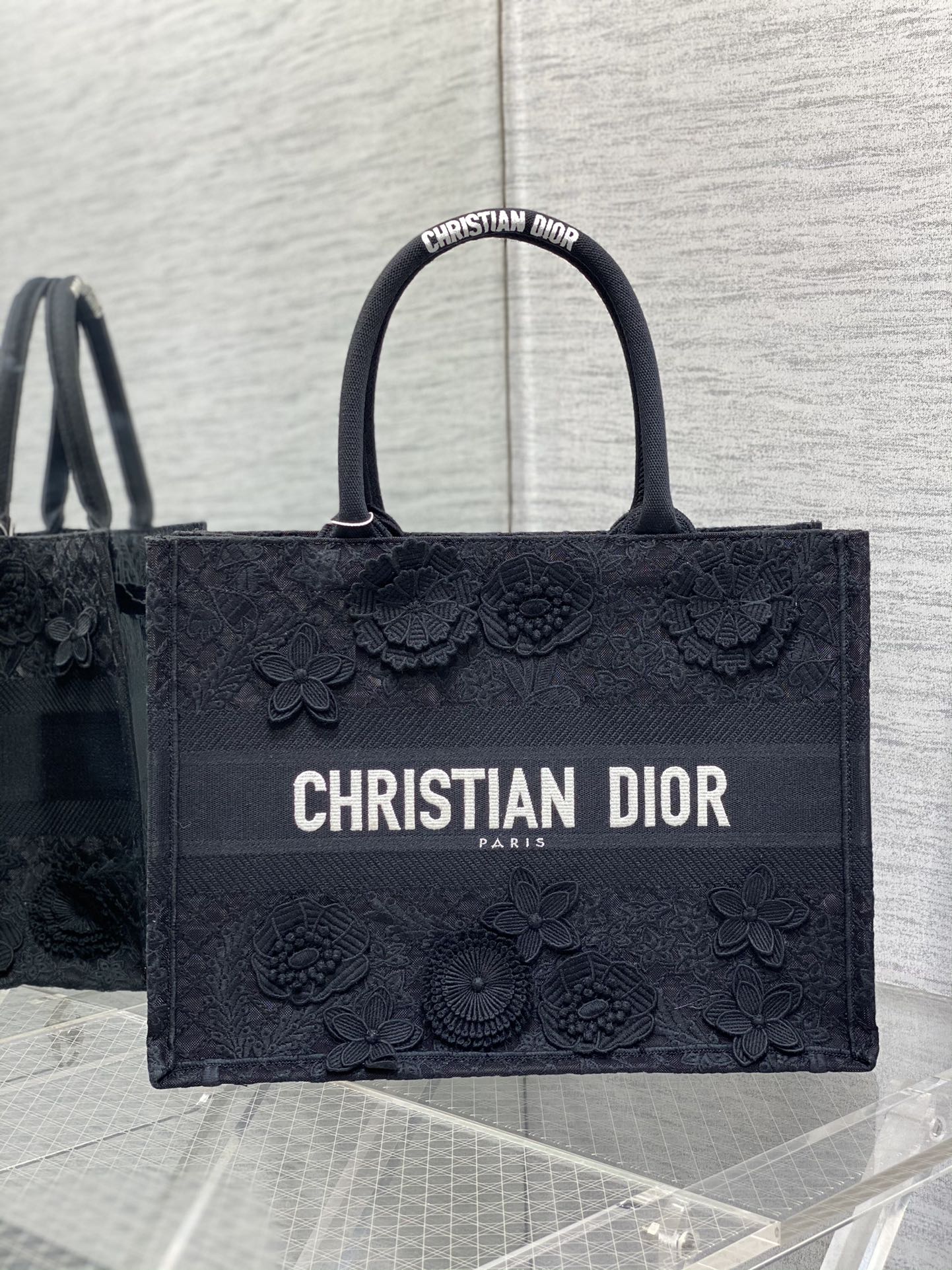 Bagsaaa D10r Book Tote Medium Black D-Lace Flower Embroidery with 3D Macramé Effect