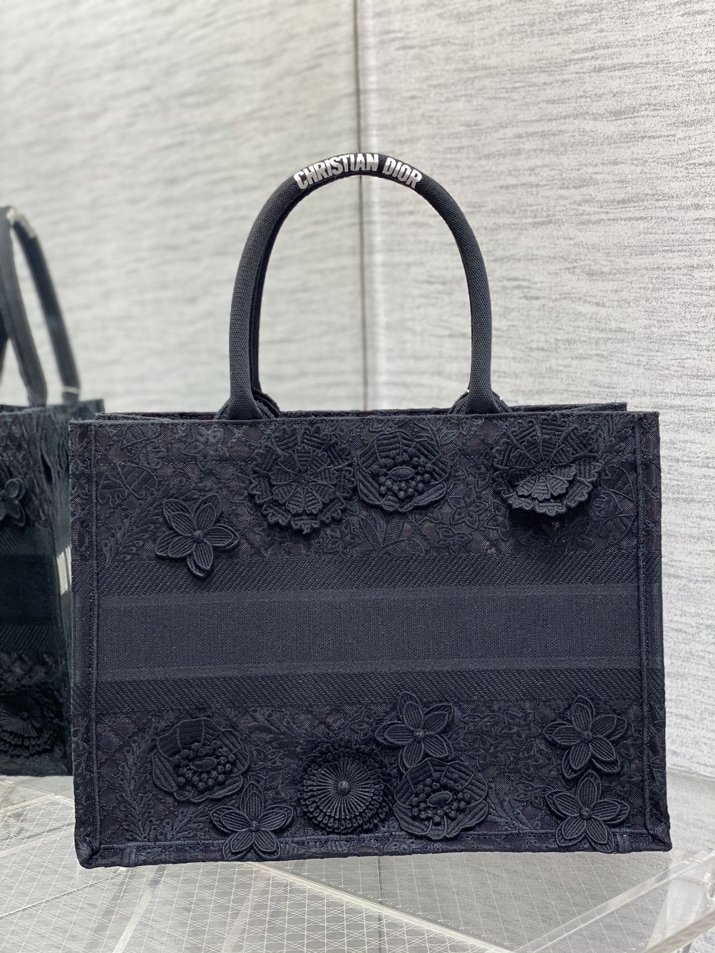 Bagsaaa D10r Book Tote Medium Black D-Lace Flower Embroidery with 3D Macramé Effect