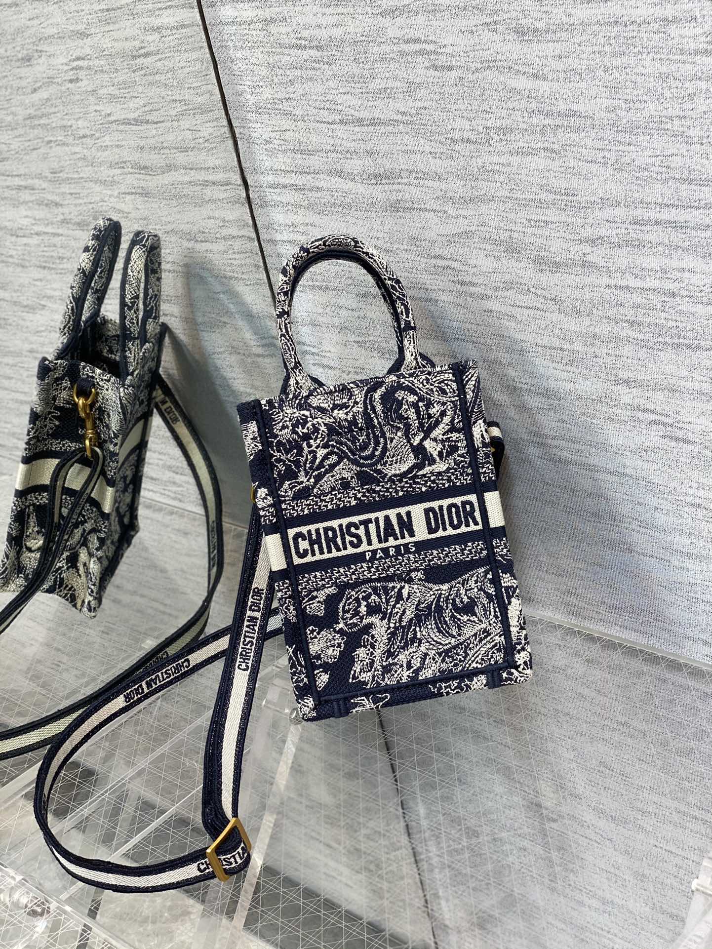 Bagsaaa D10r Phone Book Tote Ecru and Grey Toile de Jouy Embroidery - 13.5*5*18cm