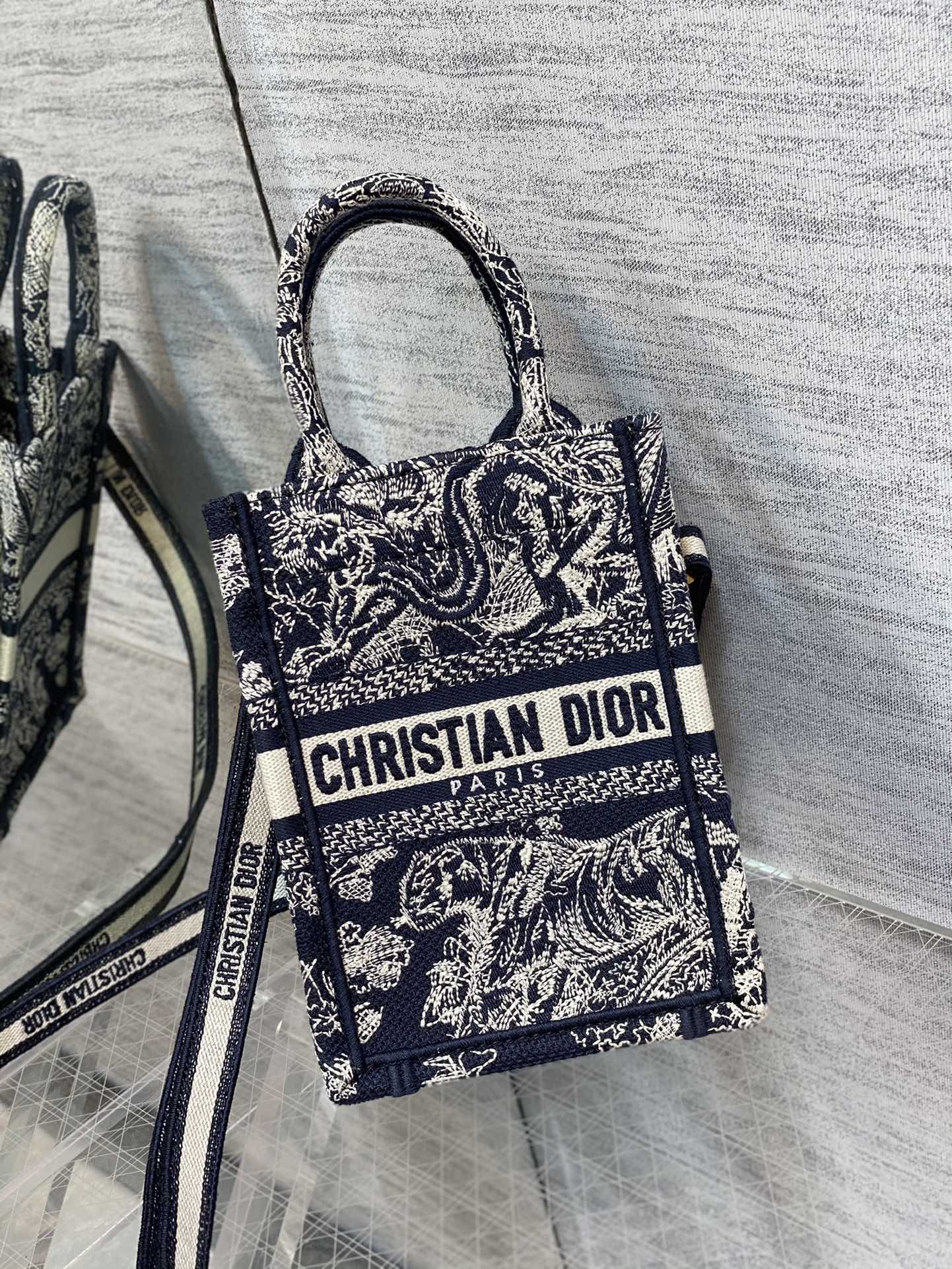 Bagsaaa D10r Phone Book Tote Ecru and Grey Toile de Jouy Embroidery - 13.5*5*18cm
