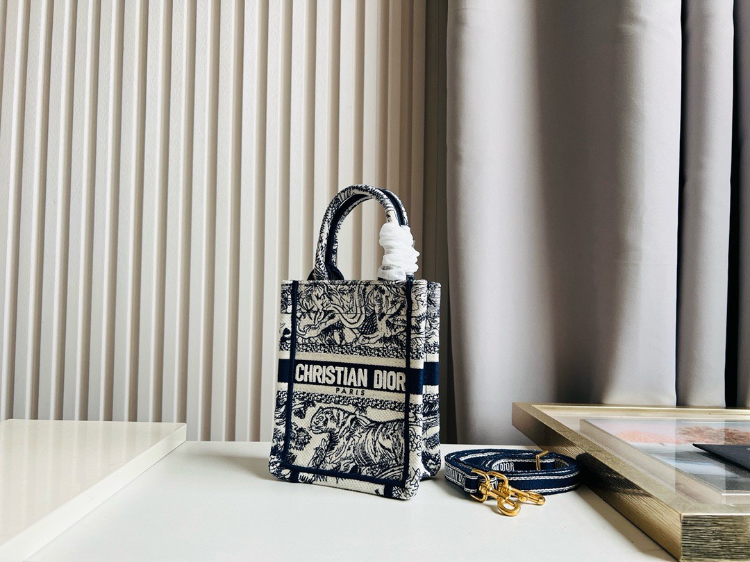 Bagsaaa D10r Phone Book Tote Ecru and White Toile de Jouy Embroidery - 13.5*5*18cm