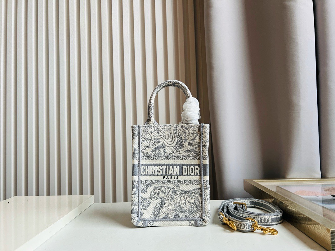 Bagsaaa D10r Phone Book Tote Grey Toile de Jouy Embroidery - 13.5*5*18cm
