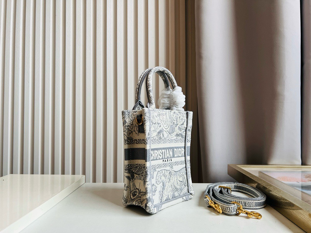 Bagsaaa D10r Phone Book Tote Grey Toile de Jouy Embroidery - 13.5*5*18cm