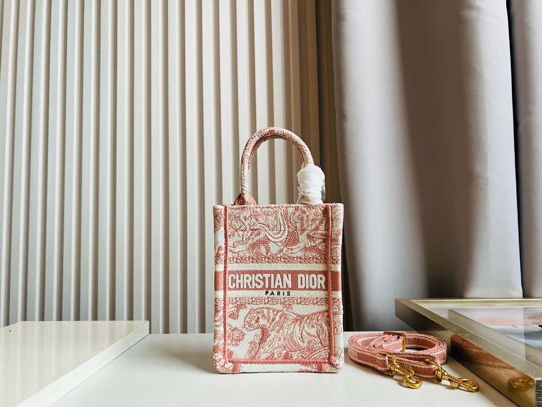 Bagsaaa D10r Phone Book Tote Pink Toile de Jouy Embroidery - 13.5*5*18cm