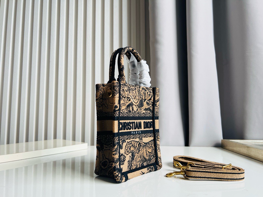 Bagsaaa D10r Phone Book Tote Ecru and Brown Toile de Jouy Embroidery - 13.5*5*18cm